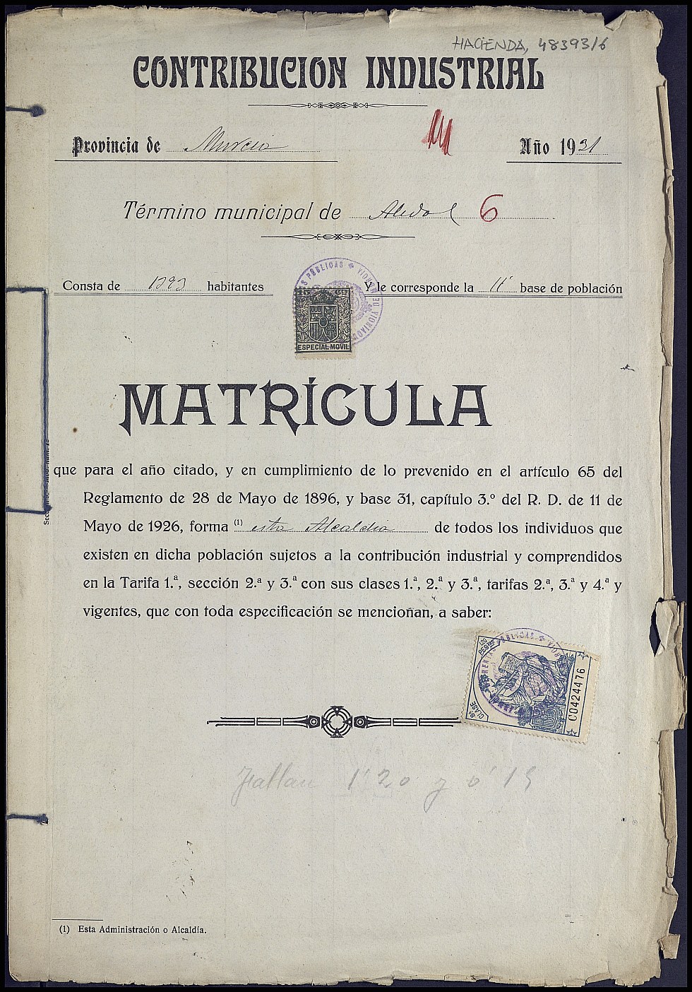 Matrícula de la contribución industrial de Aledo. Año 1931.