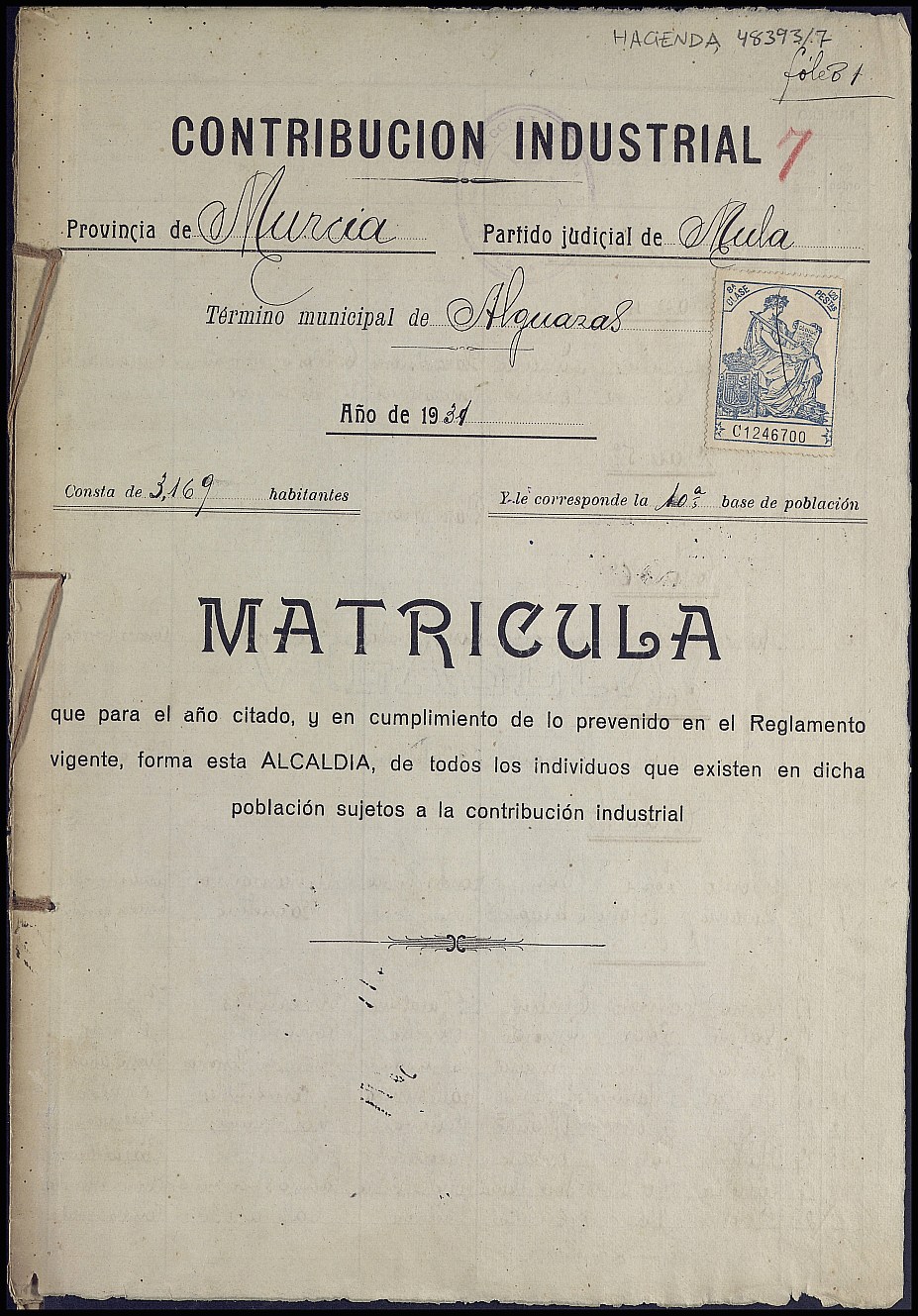 Matrícula de la contribución industrial de Alguazas. Año 1931.