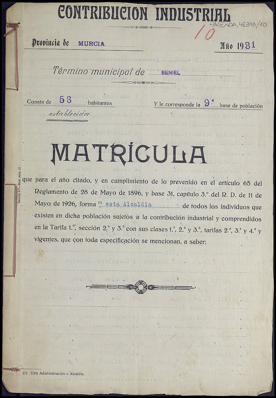 Matrícula de la contribución industrial de Beniel. Año 1931.