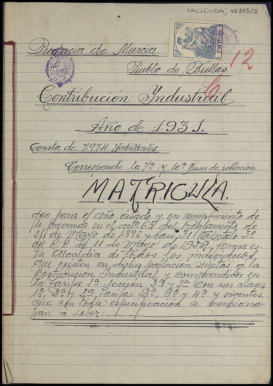 Matrícula de la contribución industrial de Bullas. Año 1931.