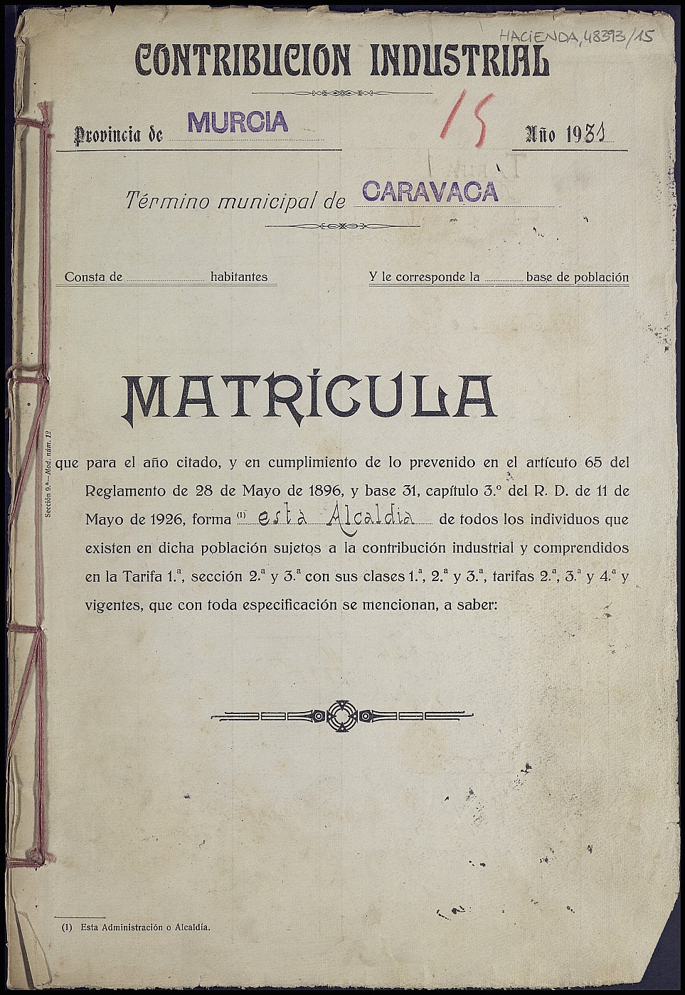 Matrícula de la contribución industrial de Caravaca de la Cruz. Año 1931.