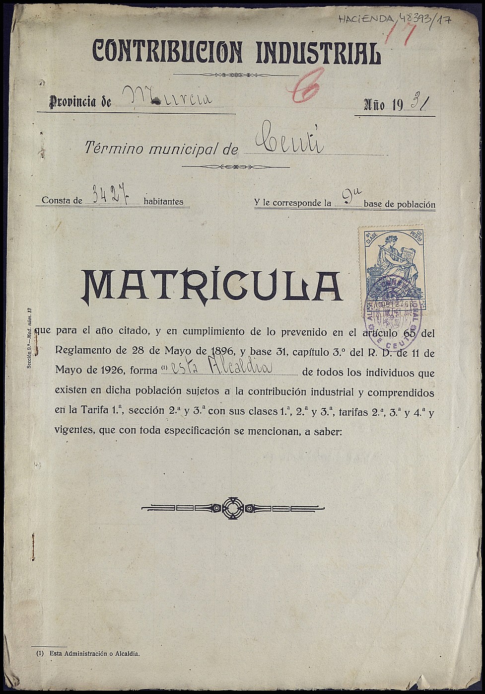 Matrícula de la contribución industrial de Ceutí. Año 1931.