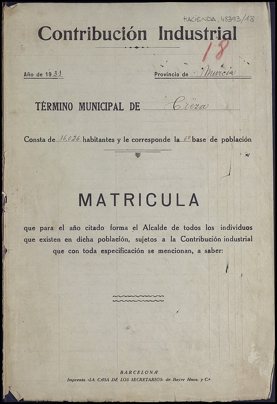 Matrícula de la contribución industrial de Cieza. Año 1931.