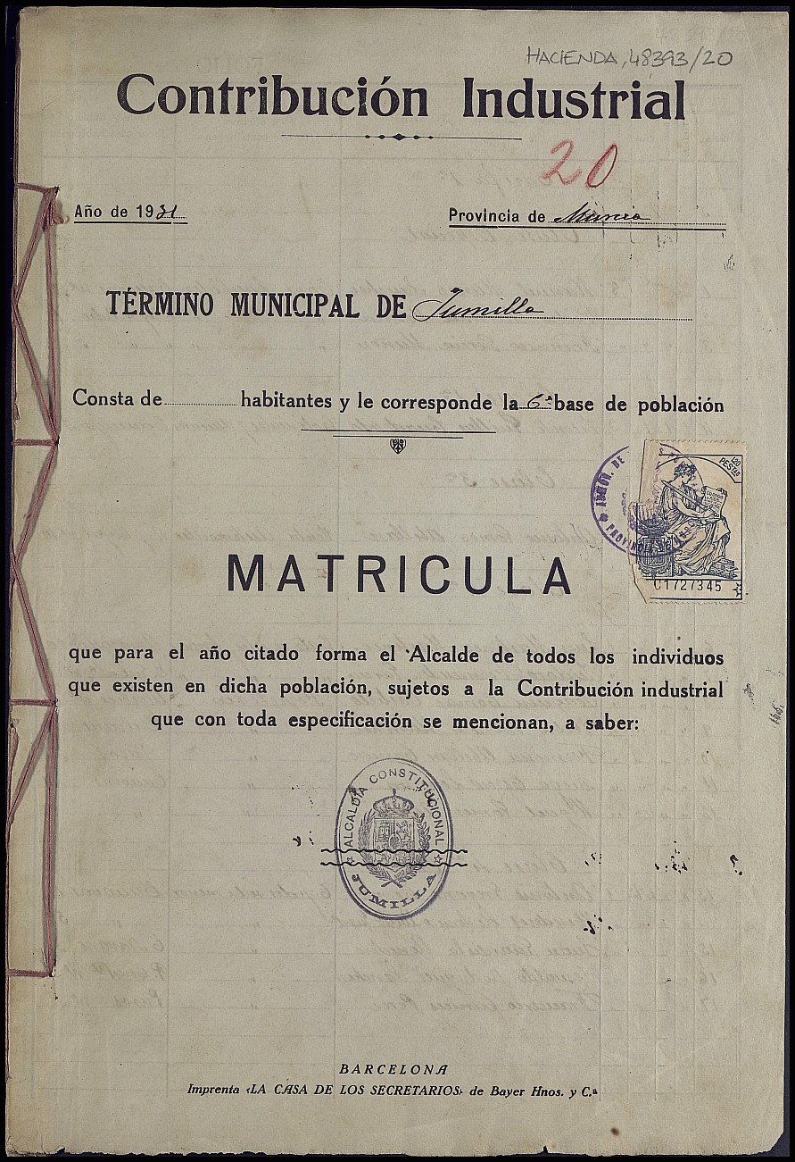 Matrícula de la contribución industrial de Jumilla. Año 1931.