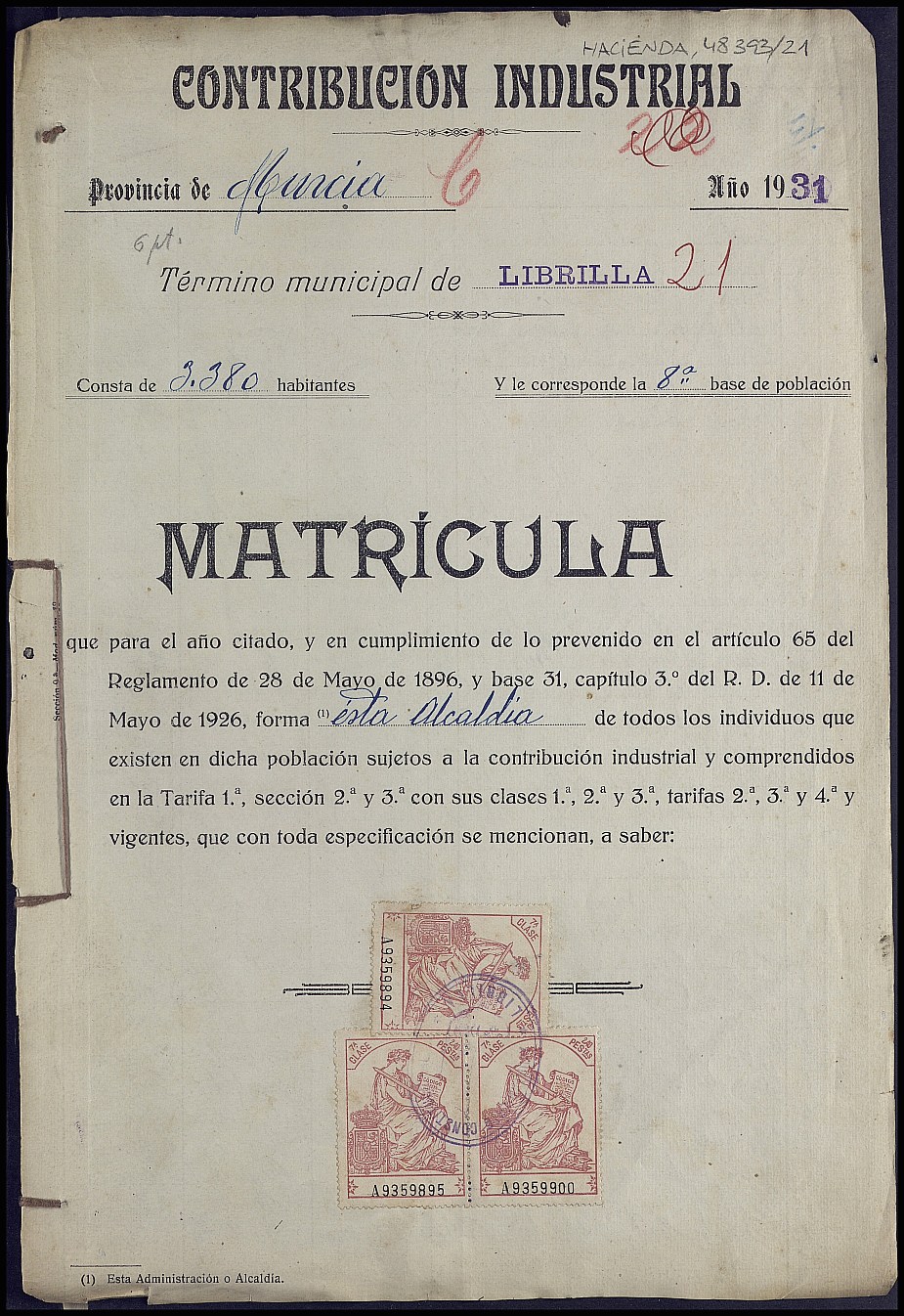 Matrícula de la contribución industrial de Librilla. Año 1931.