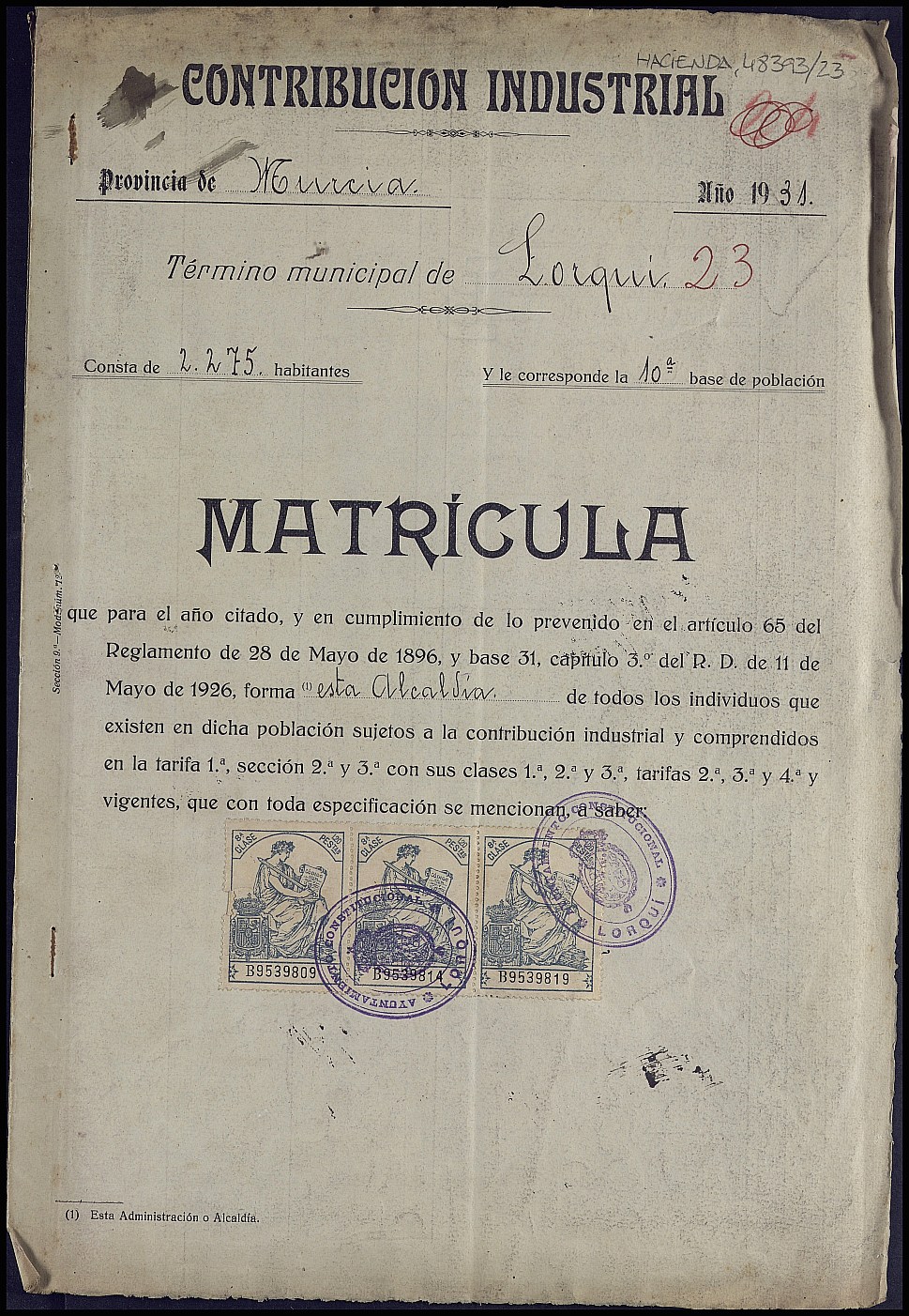 Matrícula de la contribución industrial de Lorquí. Año 1931.