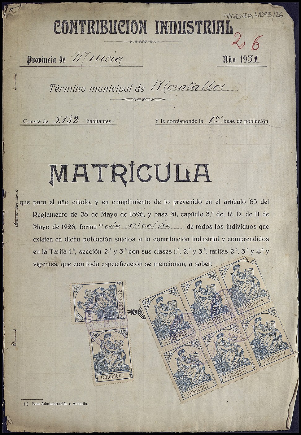 Matrícula de la contribución industrial de Moratalla. Año 1931.