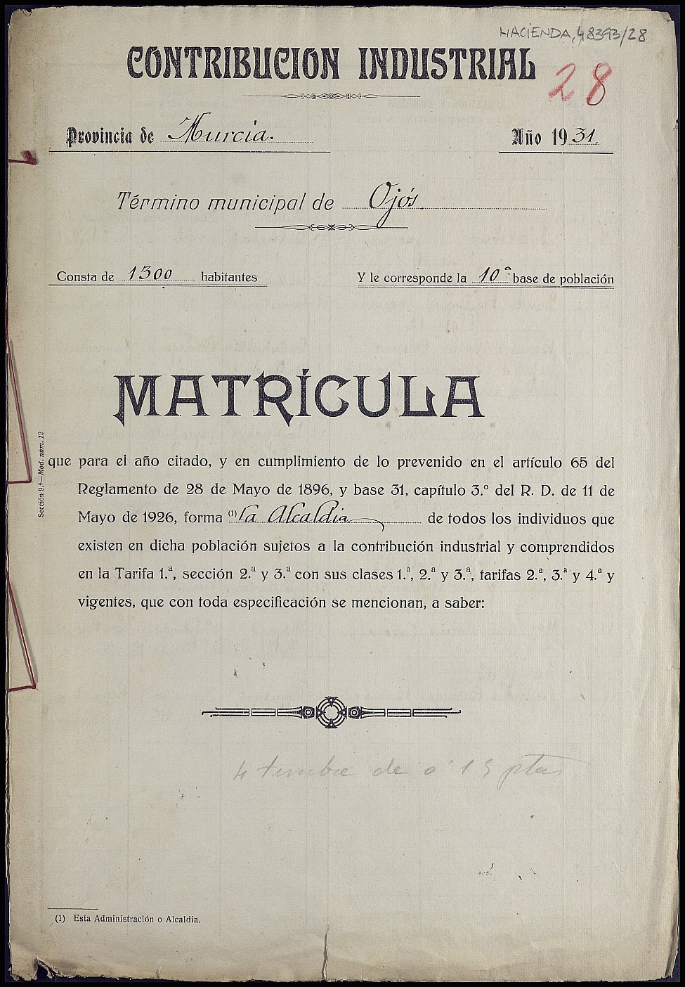 Matrícula de la contribución industrial de Ojós. Año 1931.