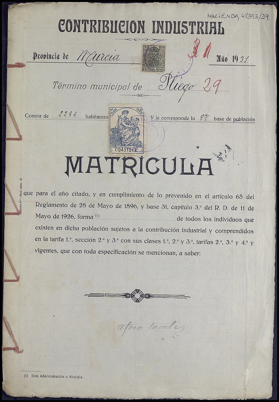 Matrícula de la contribución industrial de Pliego. Año 1931.