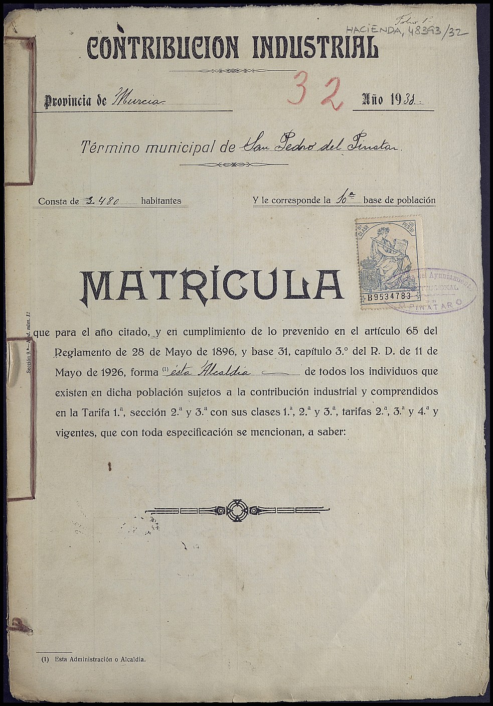Matrícula de la contribución industrial de San Pedro del Pinatar. Año 1931.