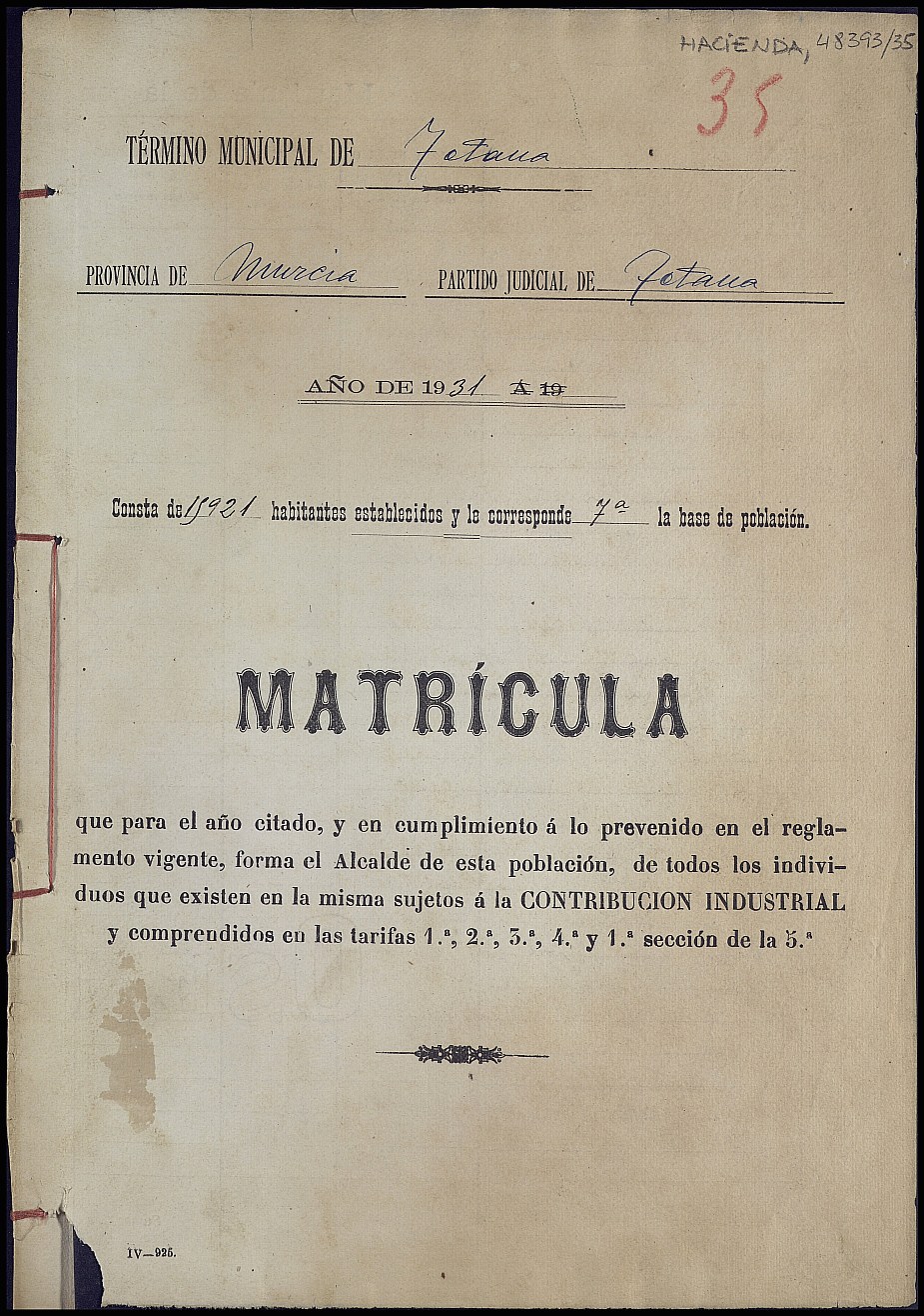 Matrícula de la contribución industrial de Totana. Año 1931.