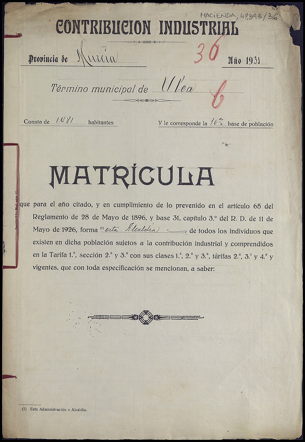 Matrícula de la contribución industrial de Ulea. Año 1931.