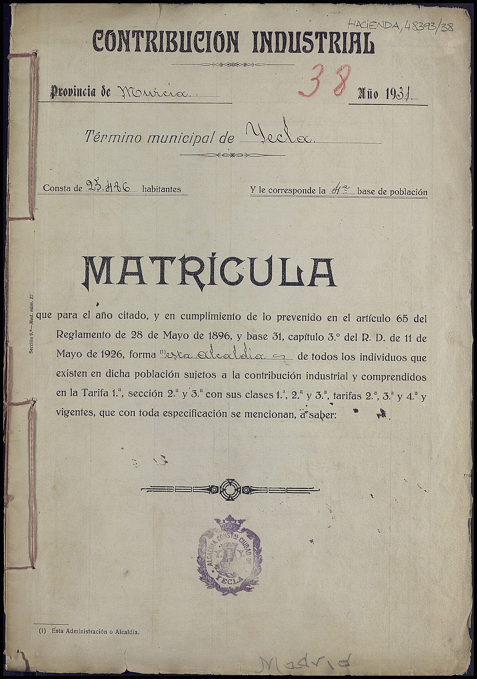 Matrícula de la contribución industrial de Yecla. Año 1931.
