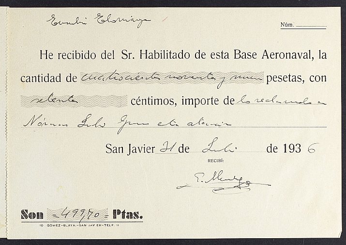 Nómina de sueldos del personal destinado en la Base Aeronaval de San Javier, de julio de 1936.