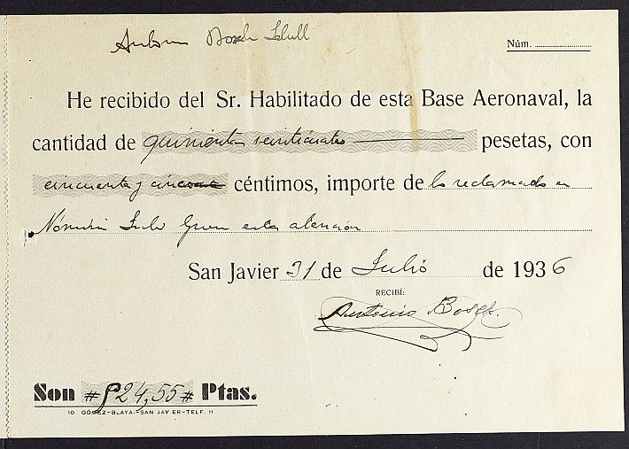 Nómina de sueldos del personal destinado en la Base Aeronaval de San Javier, de julio de 1936.
