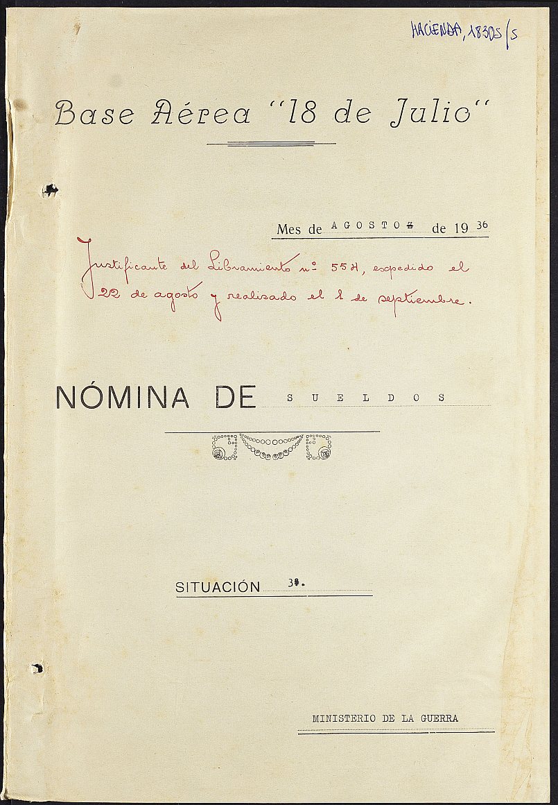 Nómina de sueldos del personal destinado en la Base Aeronaval de San Javier, de agosto de 1936.