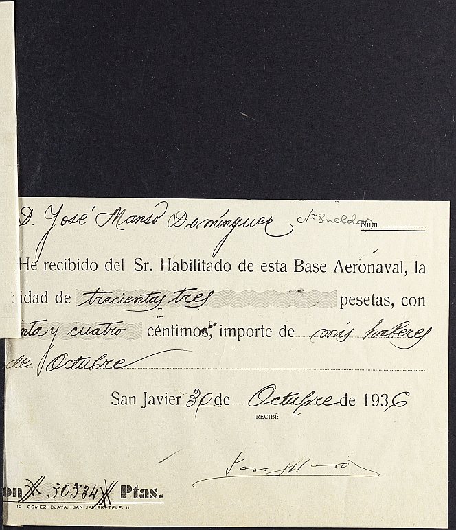 Nómina de sueldos del personal destinado en la Base Aeronaval de San Javier, de octubre de 1936.