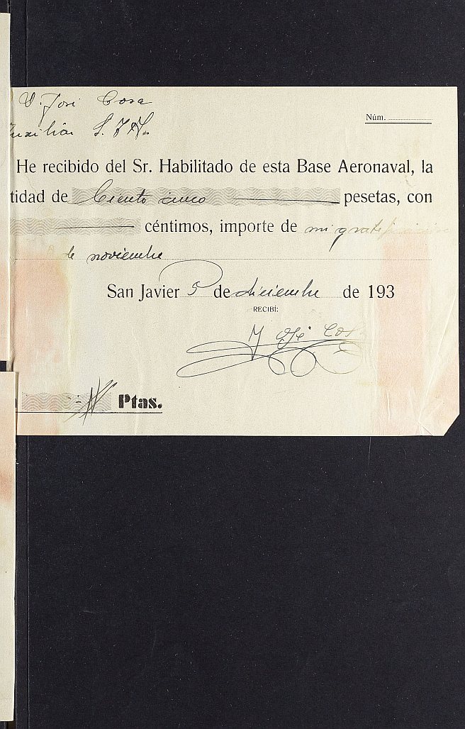 Nómina de sueldos y gratificaciones del personal destinado en la Base Aeronaval de San Javier, de noviembre de 1936.