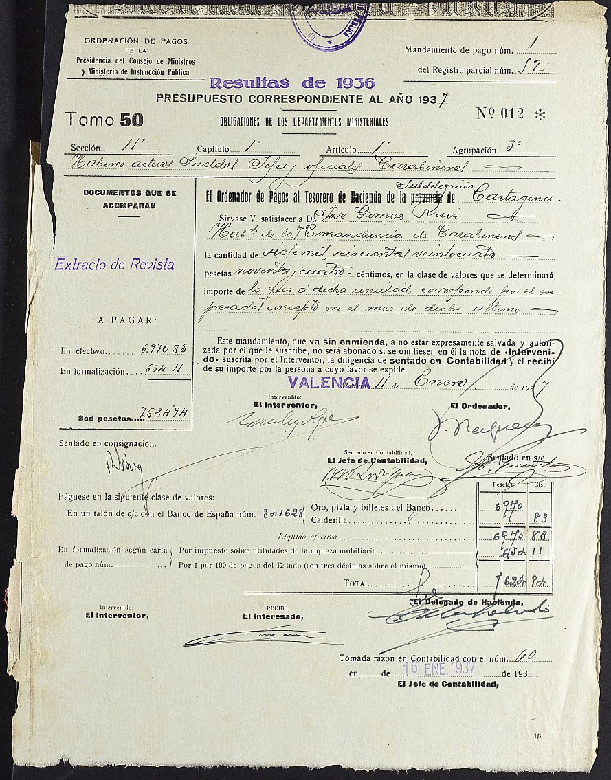Mandamiento de pago nº 1 relativo a la nómina del mes de diciembre de 1936 de la Comandancia de Carabineros de Murcia.