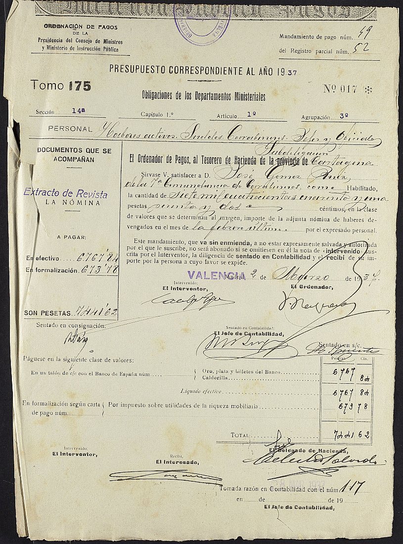 Mandamiento de pago nº 49 relativo a la nómina del mes de febrero de 1937 de la Comandancia de Carabineros de Murcia.