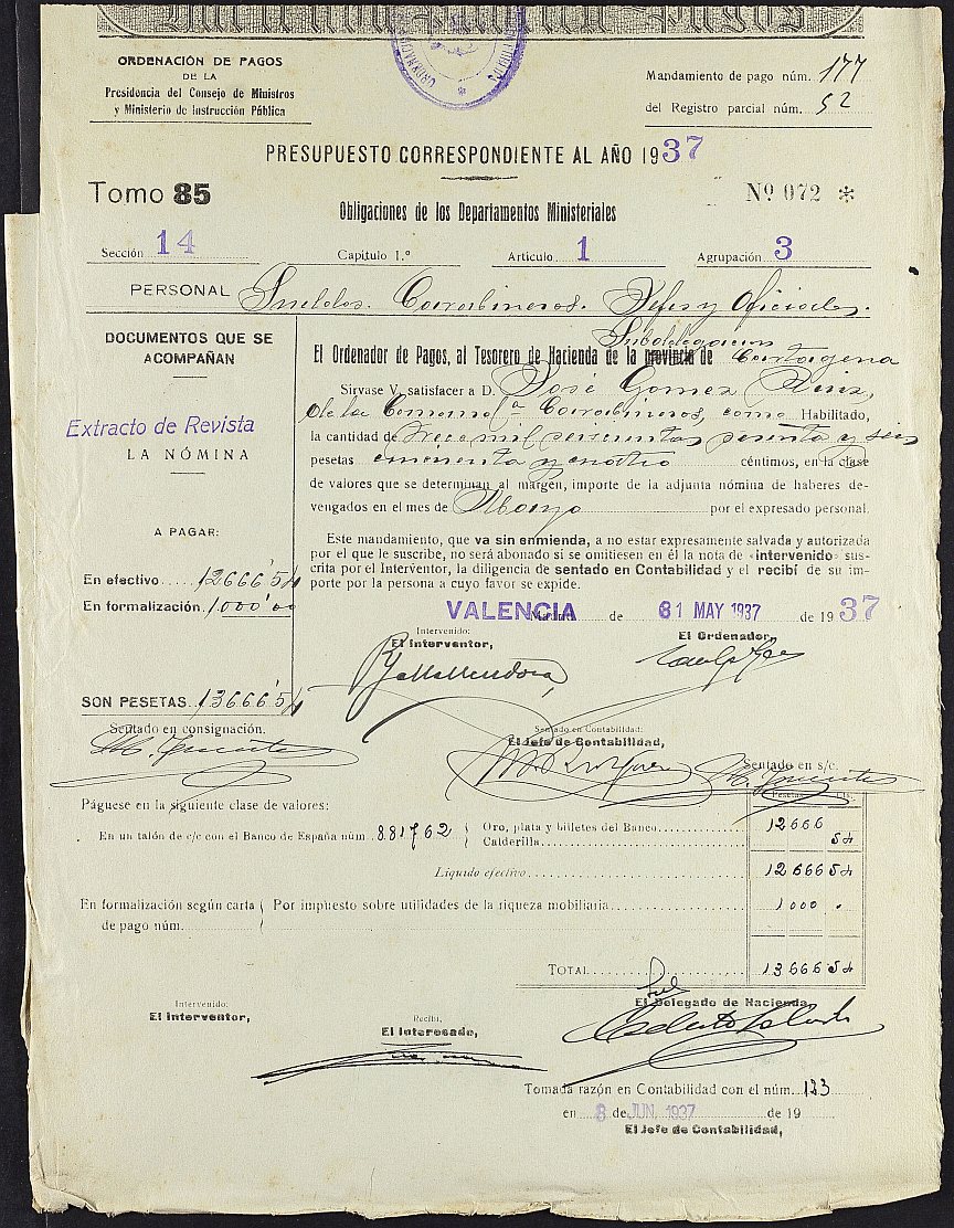 Mandamiento de pago nº 177 relativo a la nómina del mes de mayo de 1937 del Batallón nº 13 del Cuerpo de Carabineros.