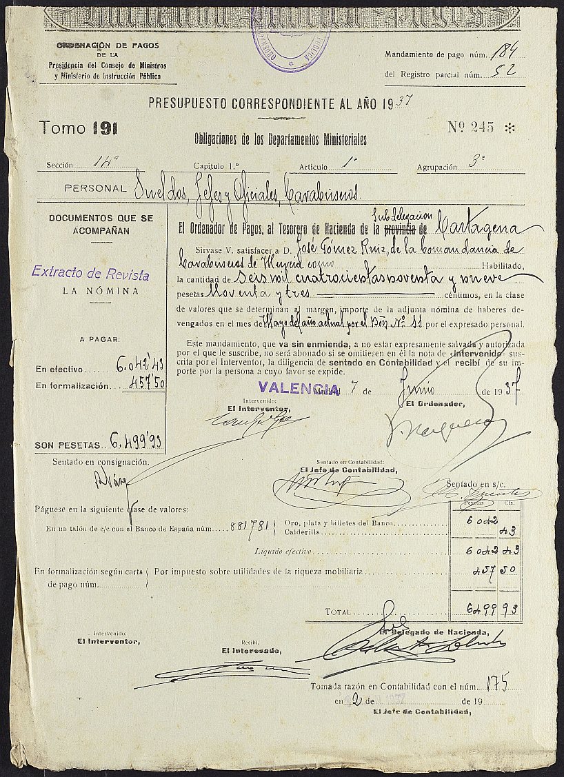 Mandamiento de pago nº 184 relativo a la nómina del mes de abril de 1937 del Batallón nº 11 del Cuerpo de Carabineros.