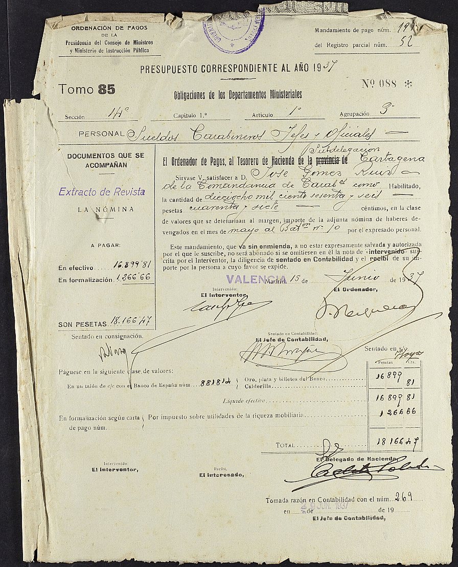 Mandamiento de pago nº 197 relativo a la nómina del mes de mayo de 1937 del Batallón nº 10 del Cuerpo de Carabineros.