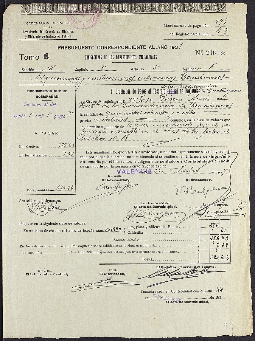 Mandamiento de pago nº 274 relativo a la nómina de dietas y pluses del mes de mayo de 1937 del Batallón nº 10 del Cuerpo de Carabineros.