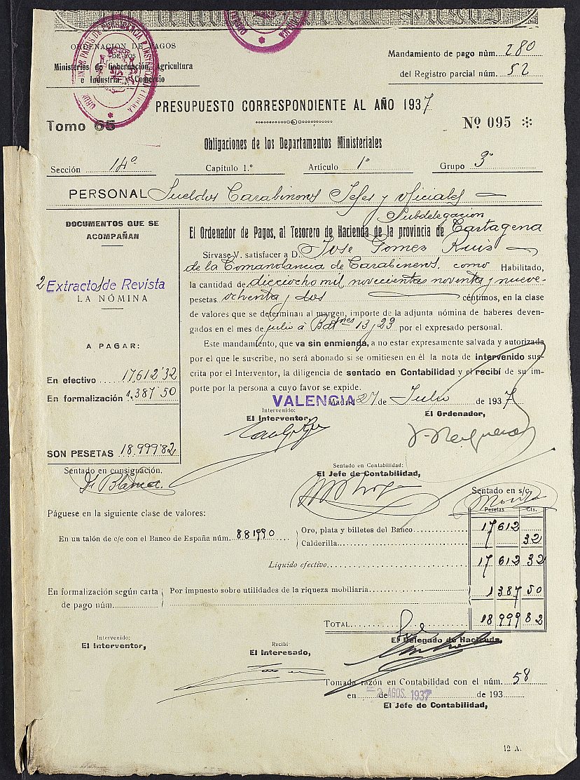 Mandamiento de pago nº 280 relativo a la nómina del mes de julio de 1937 de los Batallones nº 13 y nº 23 del Cuerpo de Carabineros.