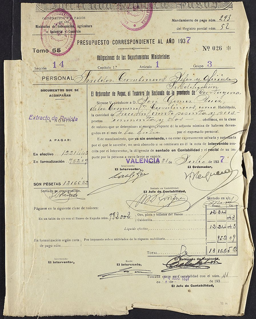 Mandamiento de pago nº 293 relativo a la nómina del mes de julio de 1937 de la Comandancia de Carabineros de Murcia.