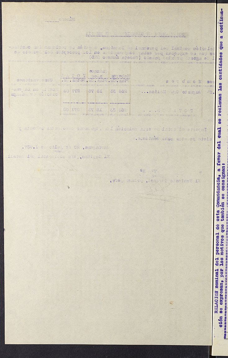 Mandamiento de pago nº 293 relativo a la nómina del mes de julio de 1937 de la Comandancia de Carabineros de Murcia.