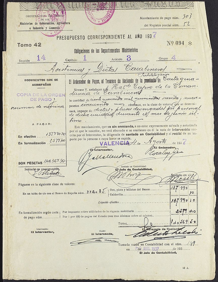 Mandamiento de pago nº 303 relativo a la nómina de dietas y pluses del mes de julio de 1937 del personal de la Comandancia de Carabineros de Murcia.