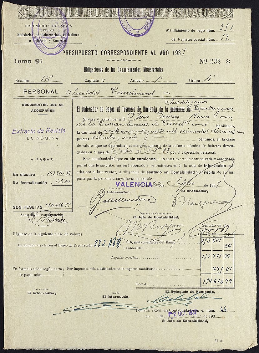 Mandamiento de pago nº 351 relativo a la nómina del mes de septiembre de 1937 del Batallón nº 23 del Cuerpo de Carabineros.