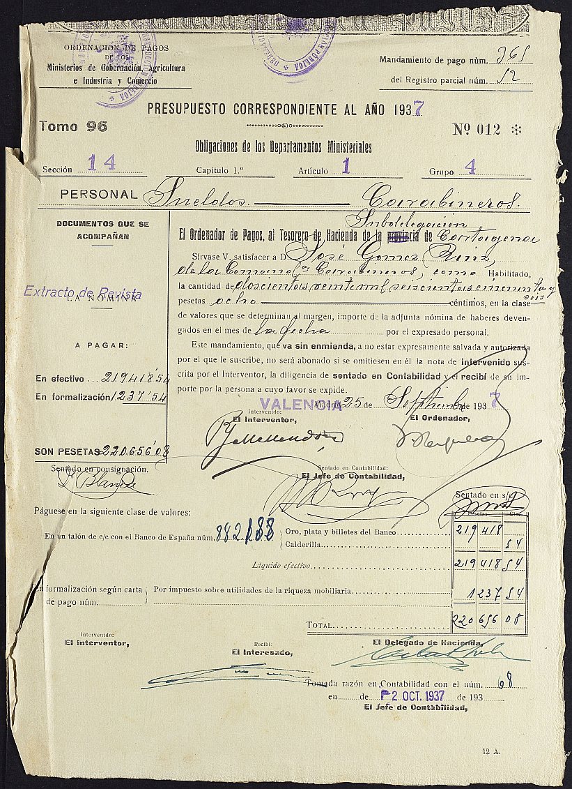 Mandamiento de pago nº 365 relativo a la nómina del mes de septiembre de 1937 de la Comandancia de Carabineros de Murcia.
