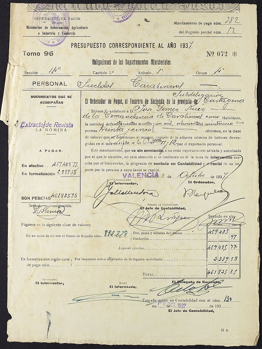 Mandamiento de pago nº 382 relativo a la nómina de septiembre de 1937 de los batallones nº 11 y nº 12 del Cuerpo de Carabineros.