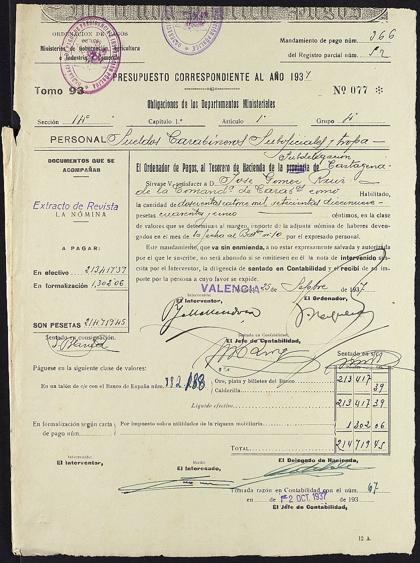Mandamiento de pago nº 366 relativo a la nómina de septiembre de 1937 del Batallón nº 10 del Cuerpo de Carabineros.