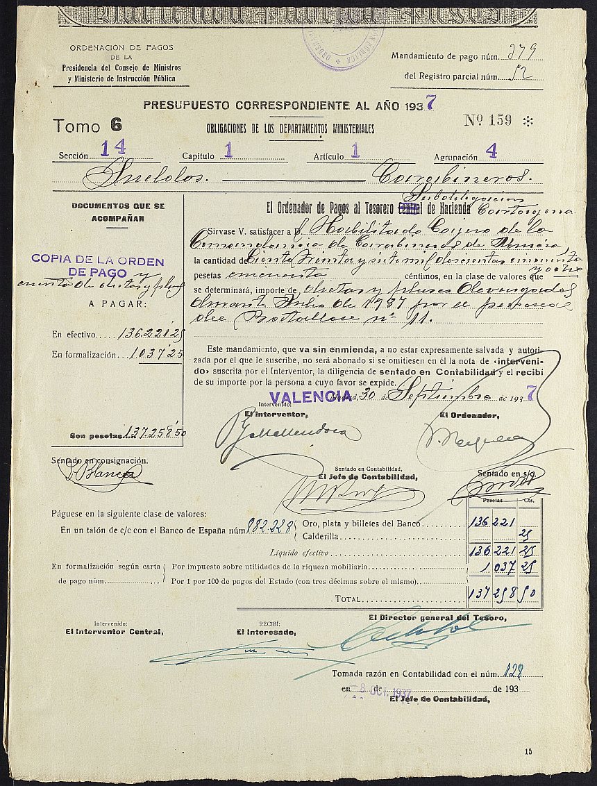 Mandamiento de pago nº 379 relativo a la nómina de dietas y pluses del mes de julio de 1937 del Batallón nº 11 del Cuerpo de Carabineros.