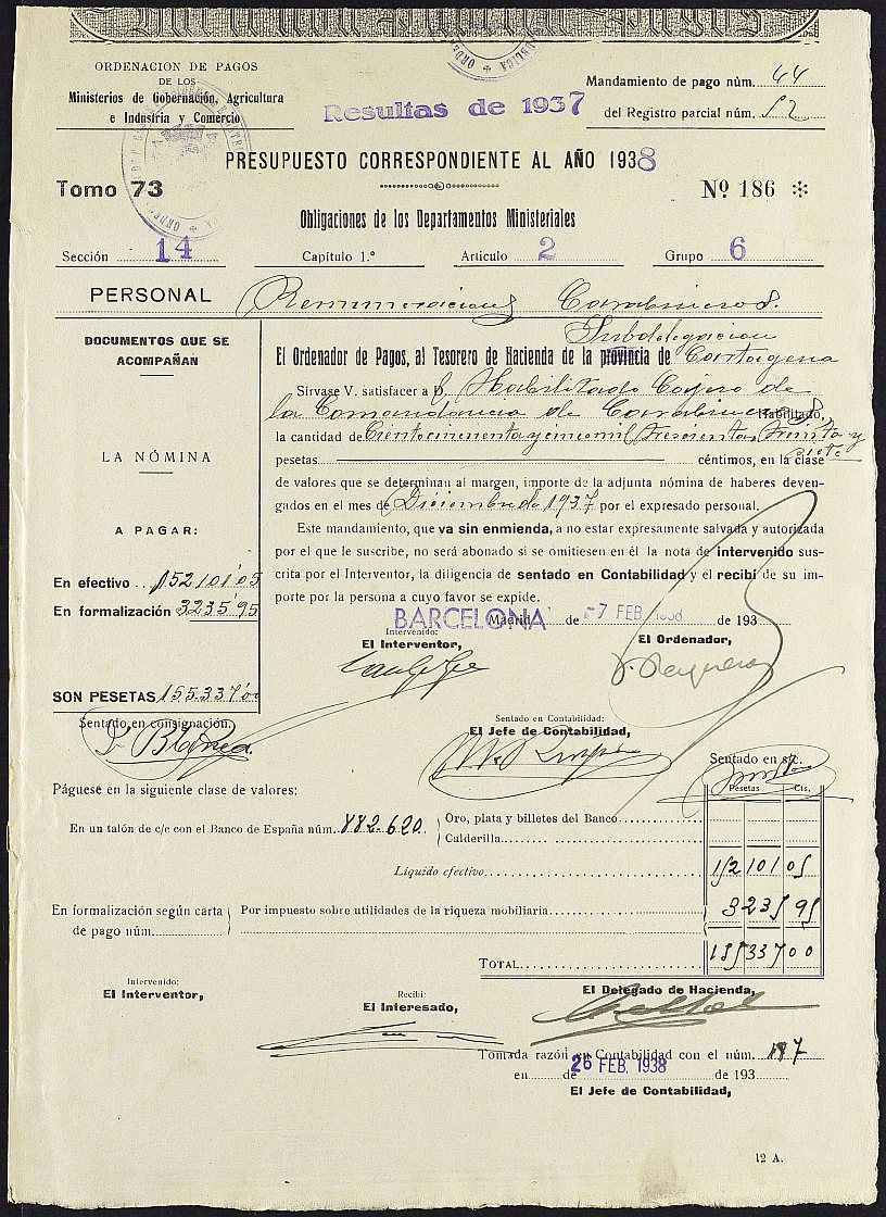 Mandamiento de pago nº 44 relativo a la nómina de dietas y pluses del mes de diciembre de 1937 del personal de la Comandancia de Carabineros de Murcia.
