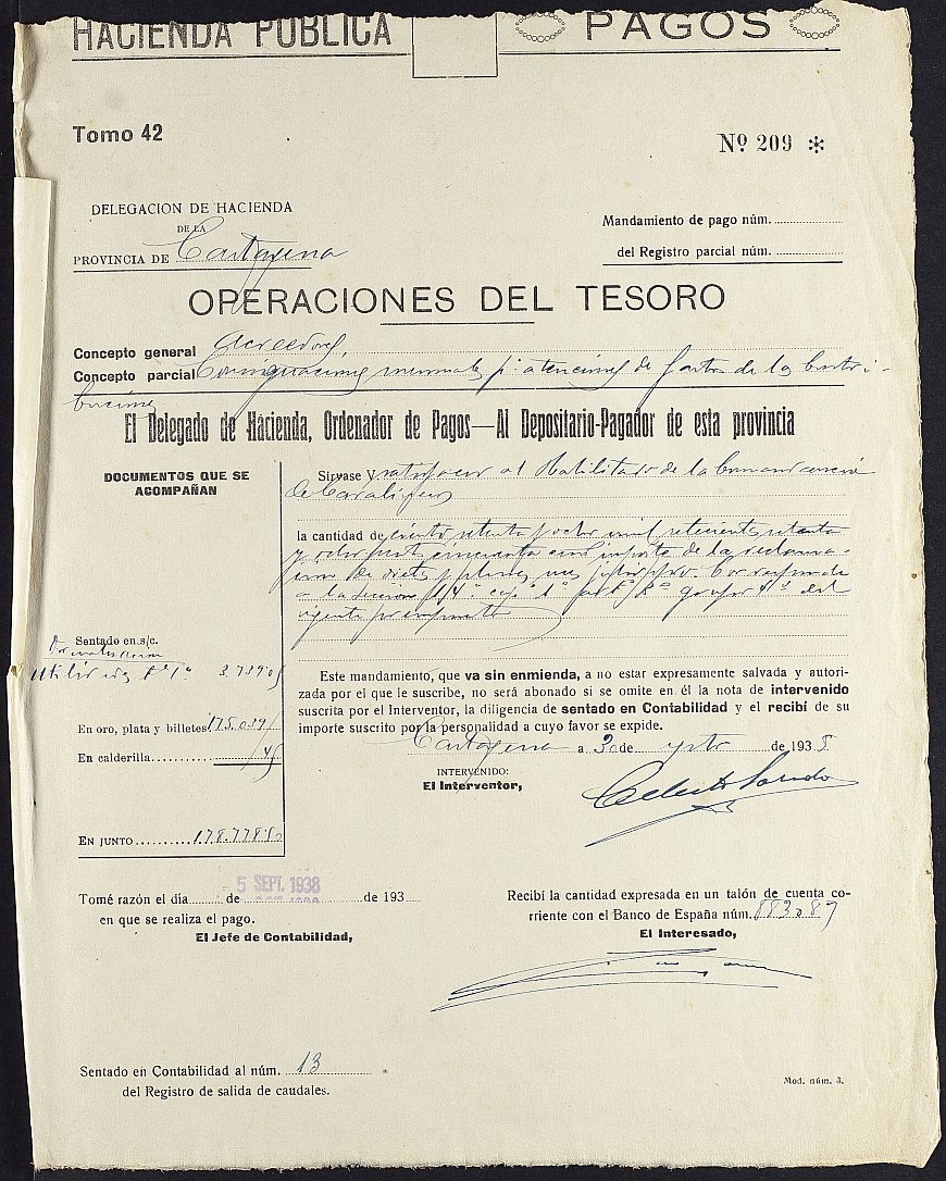 Mandamiento de pago s. nº relativo a la nómina de dietas y pluses del mes de julio de 1938 del personal de la Comandancia de Carabineros de Murcia.