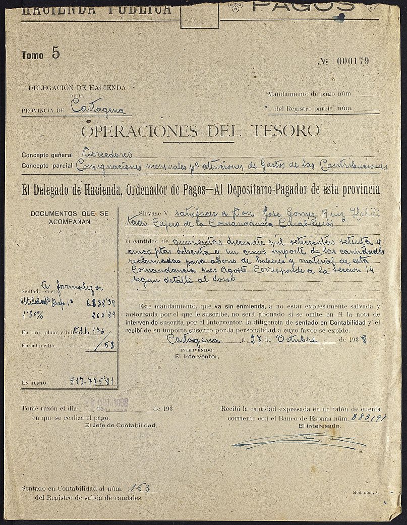 Mandamiento de pago s. nº. relativo a las nóminas del mes de agosto de 1938 de la Comandancia de Carabineros de Murcia.