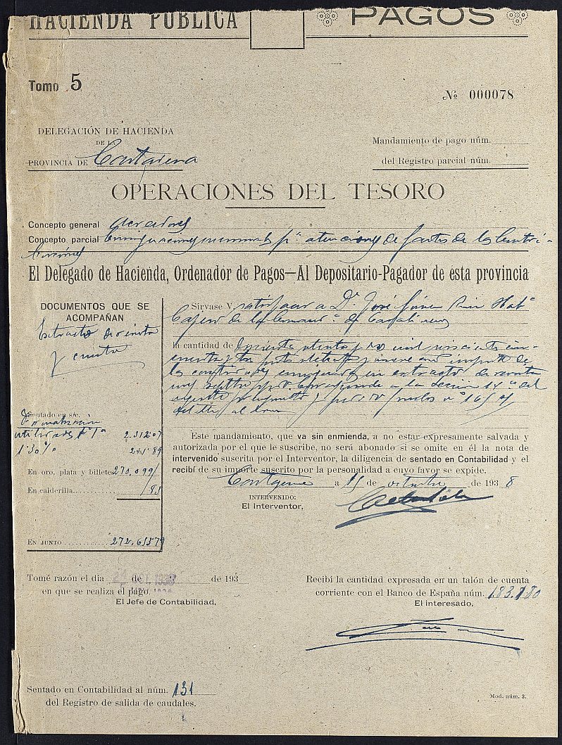 Mandamiento de pago s. nº. relativo a las nóminas del mes de septiembre de 1938 de la Comandancia de Carabineros de Murcia.