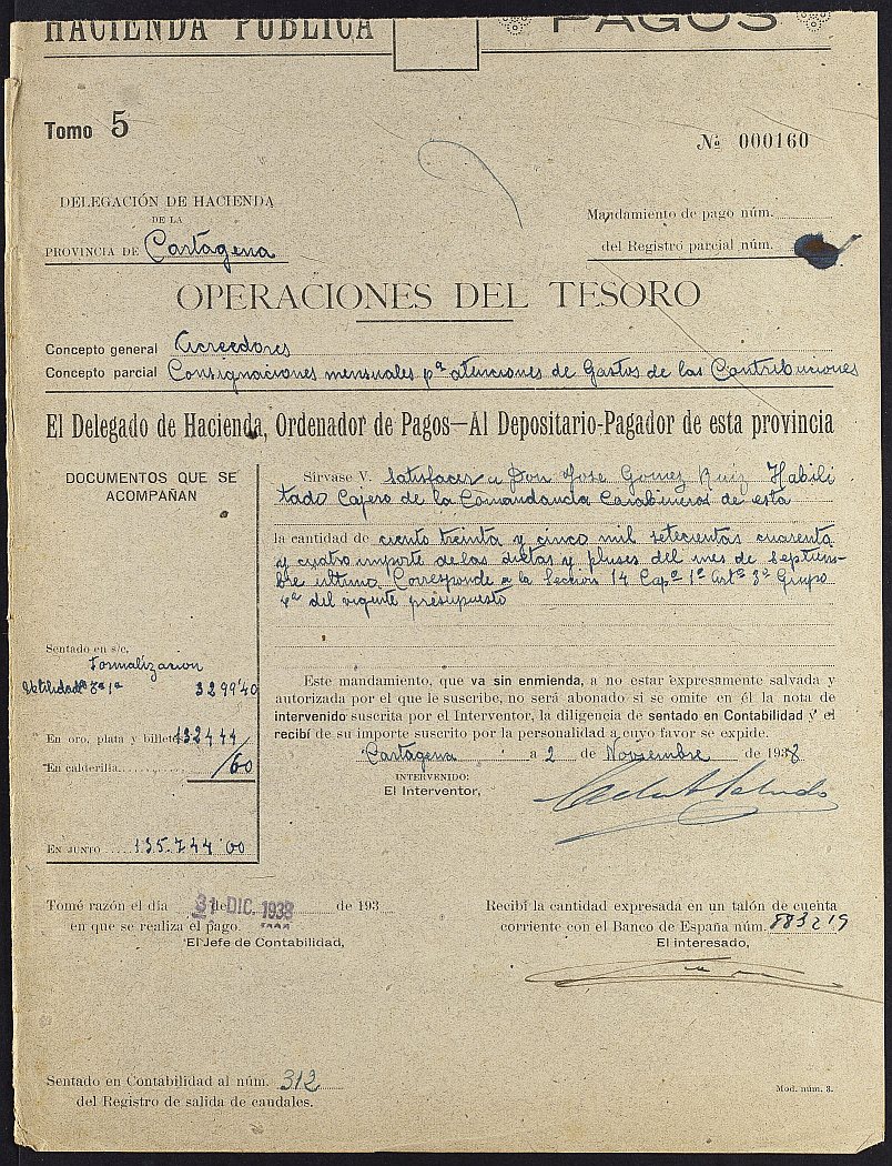 Mandamiento de pago s. nº relativo a la nómina de dietas y pluses del mes de septiembre de 1938 del personal de la Comandancia de Carabineros de Murcia.