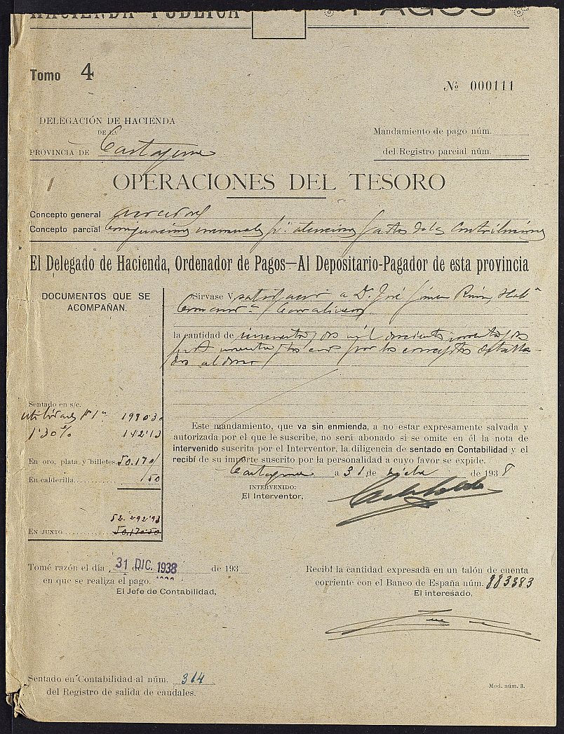 Mandamiento de pago s. nº relativo a la nómina del mes de noviembre de 1938 de la Comandancia de Carabineros de Murcia.