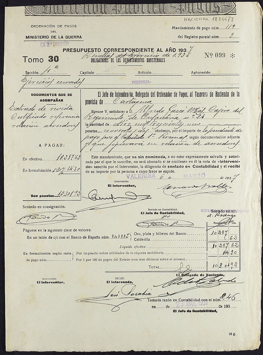 Mandamiento de pago nº 199 relativo a la nómina de atrasos de determinado personal del Regimiento de Infanteria nº 34 de Cartagena (resultas de 1936).