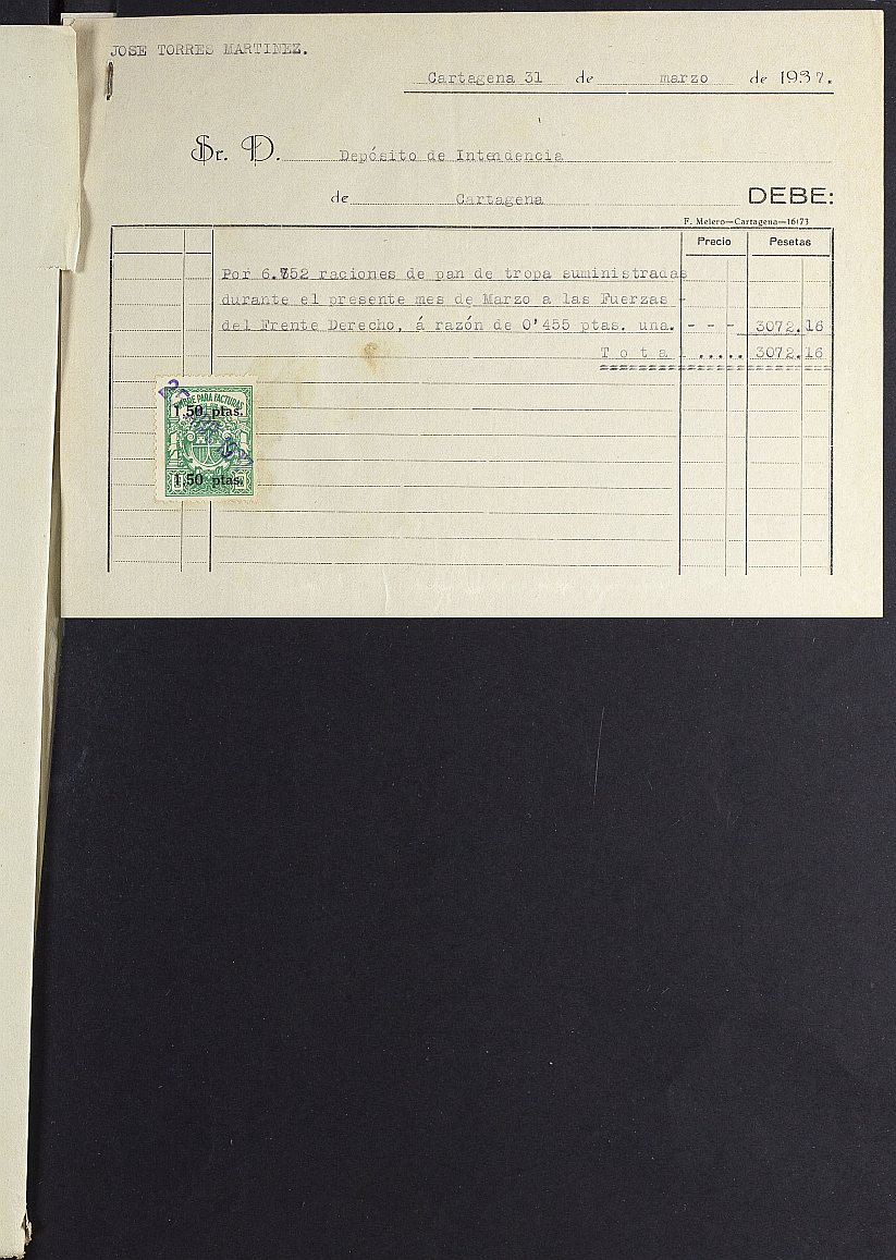 Mandamiento de pago nº 222 relativo al suministro de pan de tropa a las guarniciones de varias baterías de costa del frente derecho de Cartagena en marzo de 1937.