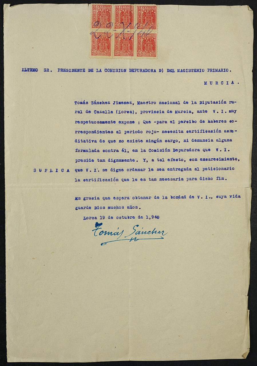 Solicitud del certificado del dictamen de depuración del maestro Tomás Sánchez Jiménez.