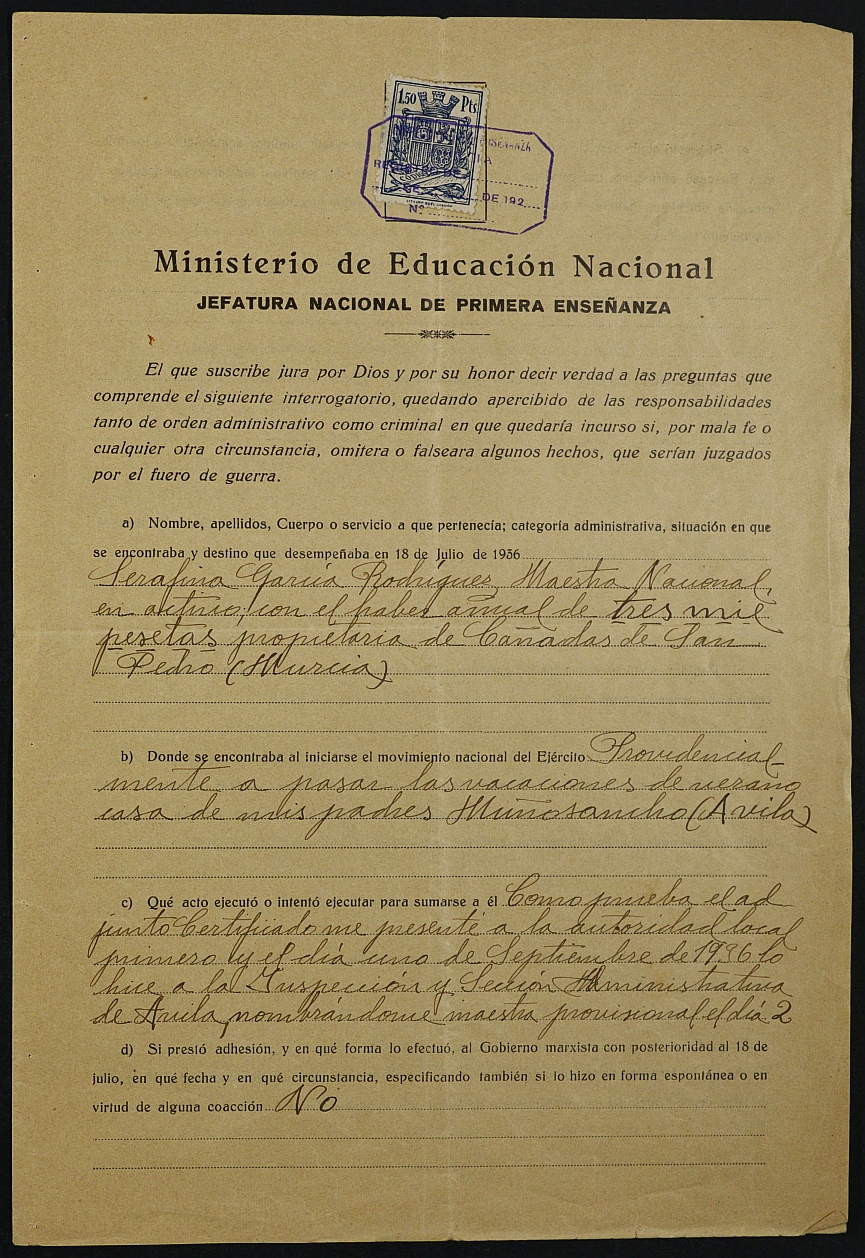 Declaración jurada de la solicitud de rehabilitación de la maestra Serafina García Rodríguez.