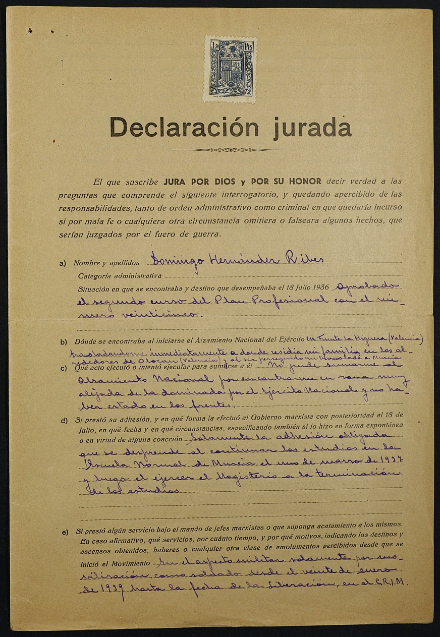 Expediente de solicitud de reingreso del maestro Domingo Hernández Ribes.