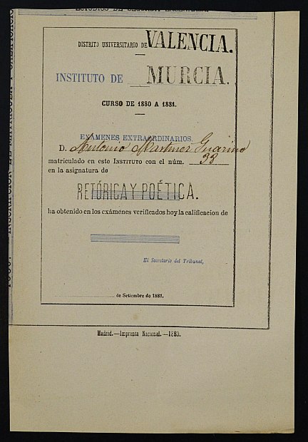 Expediente académico de Antonio Martínez Guarinos
