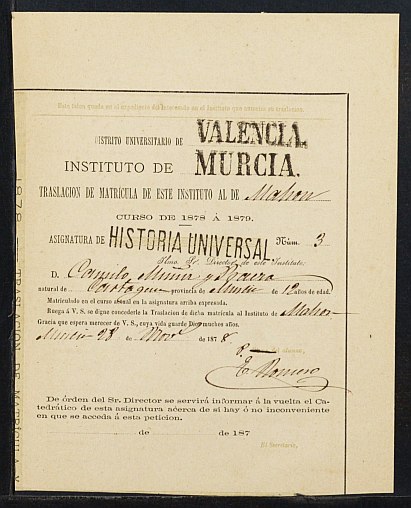 Expediente académico de Camilo Muñíz Baeza